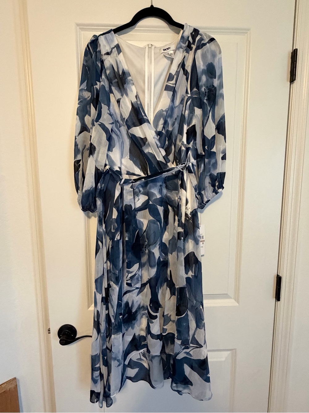 DKNY Blue Floral Midi Dress Size 12 NWT Long Sleeve Faux Wrap $134